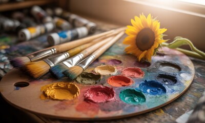 Obraz premium Colorful paint palette with brushes and sunflower
