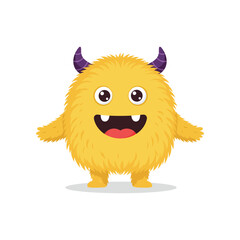 Fototapeta premium A fluffy yellow cartoon monster with big eyes and a wide happy smile stands on two feet with small horns