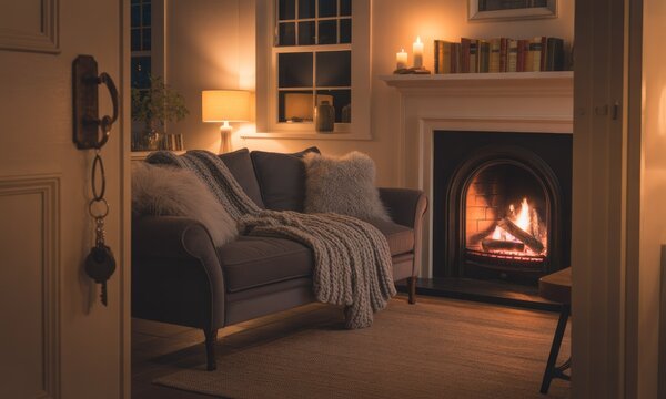 Cozy living room at night, warm fire, soft light - Powered by Adobe