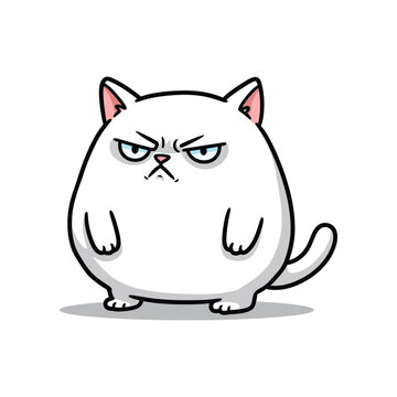 A very grumpy and annoyed white cat with a round body and a stern expression standing and looking directly forward with its paws down