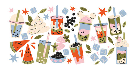 Bubble tea drinks in retro cartoon style. Cups with pearls, milk tea, fruit toppings, ice cubes and leaves, illustration in funky doodle style, trendy sticker shapes.