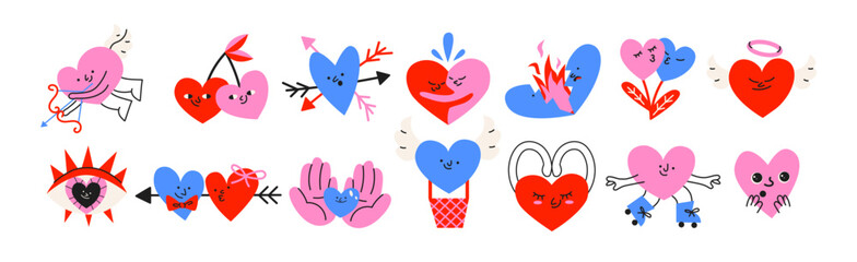 Valentine’s Day heart stickers in cartoon style. Playful hearts, love symbols and emotional characters. Romantic doodle elements for messages, social media, greetings and festive Valentines day  © Limpreom