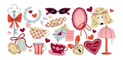 Elegant French stickers in retro cartoon style. Bows, pearls, teacups, sunglasses, hearts and love letters, feminine aesthetic illustration in funky doodle style, trendy Parisian stickers shapes © Limpreom