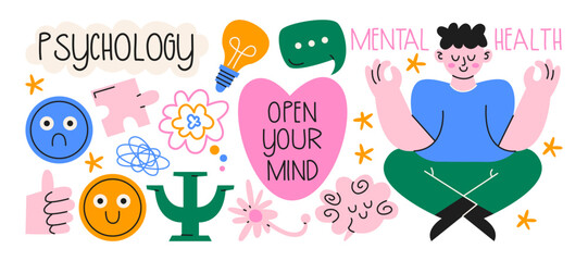 Mental health and psychology stickers in retro cartoon style. Collection with meditating person, brain, chat bubble, light bulb, puzzle piece, emotions, psi symbol, flowers. Self care illustration set