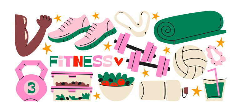Fitness stickers in retro cartoon. Collection with dumbbells, sneakers and gym mat, equipment. Trendy illustration about active lifestyle, daily sport routines, stretching and healthy habits