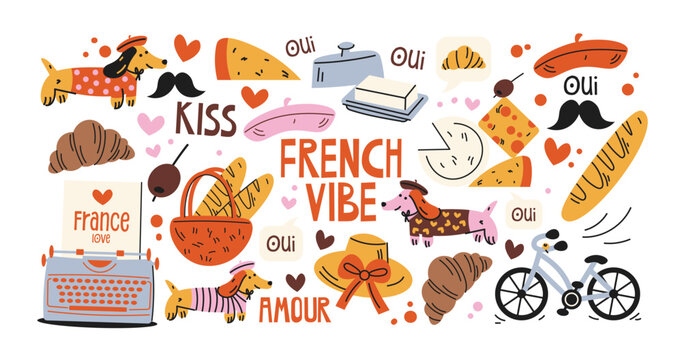 French vibe stickers in retro cartoon style. Collection with croissants, baguettes and cheese as traditional French bakery elements. Trendy illustration set about Paris, romance and cozy lifestyle