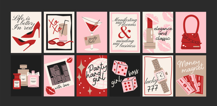 Abstract Lucky girl posters. Trendy bows, girly things, party, hearts, cherries, dice with positive quotes. Cartoon doodle groovy banners for greeting cards and posters