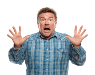 Man in shock displaying fearful expression portrait isolated on transparent background
