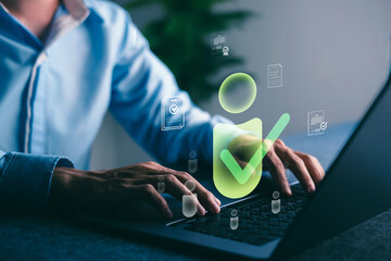 User verification concept showing person icon with green checkmark, symbolizing digital identity authentication and secure access.