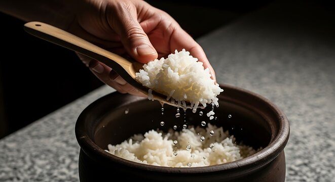 Close-up of cooked rice being scooped with a wooden spoon from a traditional ceramic pot, showcasing steaming grains