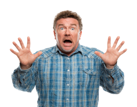 Man in shock displaying fearful expression portrait isolated on transparent background - Powered by Adobe