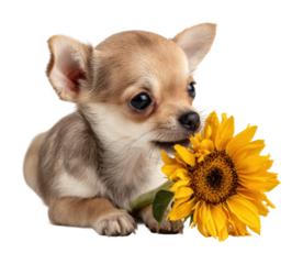 Playful chihuahua puppy with sunflower pet cute isolated on transparent background