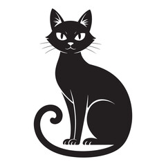 Stylized black cat with a curled tail and piercing green eyes sitting elegantly on a white background