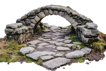 Ancient stone bridge leads into the distance through a grassy pathway surrounded by natural scenery in a peaceful setting
