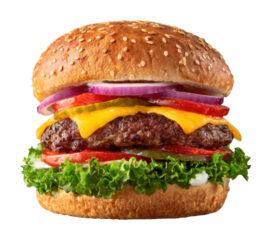 Delicious gourmet burger fast food restaurant food isolated on transparent background