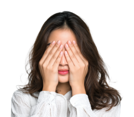 Woman hiding face portrait emotional expression isolated on transparent background