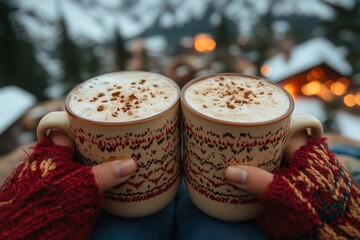 hands holding coffee mugs in snowy setting.