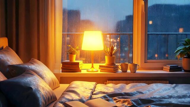 Cozy bedroom bathed in warm lamp light; rumpled duvet, pillows, plants, and city lights beyond city!