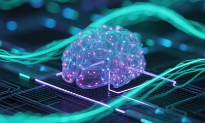 Digital brain on circuit board.  Glowing neural pathways