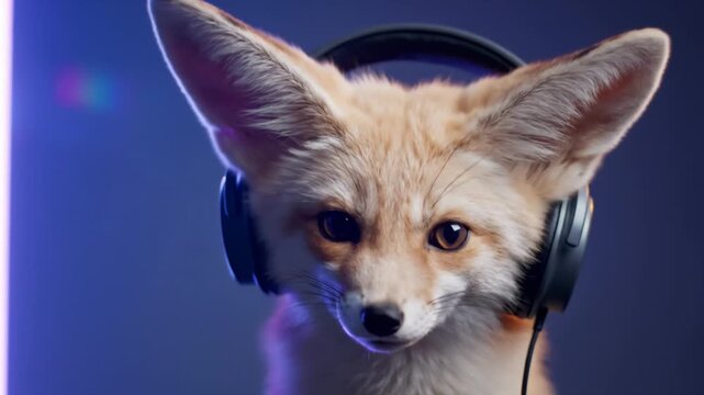 Fennec Fox Wearing Headphones, Listening to Music on Blue Background