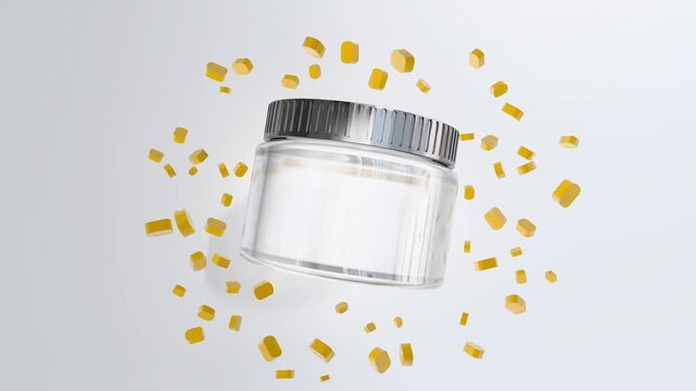 4k close-up of a clear glass jar mockup filled with small golden medicine pills scaling up, presented on a clean, bright studio background, scientific discovery ingredient formulation beauty products.