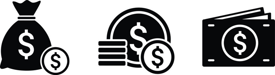 Black and white icons depicting money bags coins and a wallet
