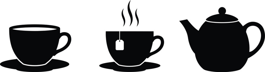 Black and white illustration of a teapot cup and steaming teacup