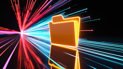 Glowing yellow-orange file folder on reflective dark surface, with red, turquoise, and violet light trails emanating behind, illustrating high-speed data transfer, connectivity, and futuristic digital