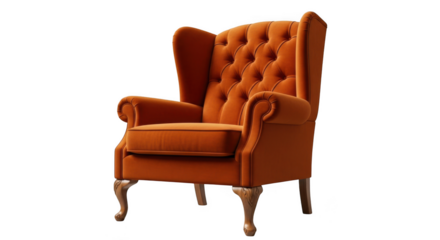 Luxurious orange tufted wingback armchair with carved wooden legs