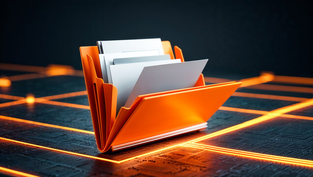 Sleek orange folder with gray documents on dark textured surface, glowing orange circuit-like lines beneath, set against black gradient background, illustrating organized data in digital network