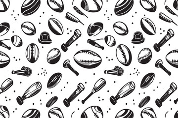 Monochrome Seamless Pattern Featuring Various Sporting Equipment on White Backdrop Sports Themed Design with Rugby Balls Helmets and Other Gear