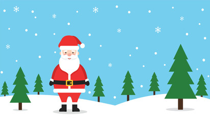 Festive santa claus standing in snowy winter forest scene with falling snowflakes and pine trees merry christmas holiday greeting card design isolated on white background