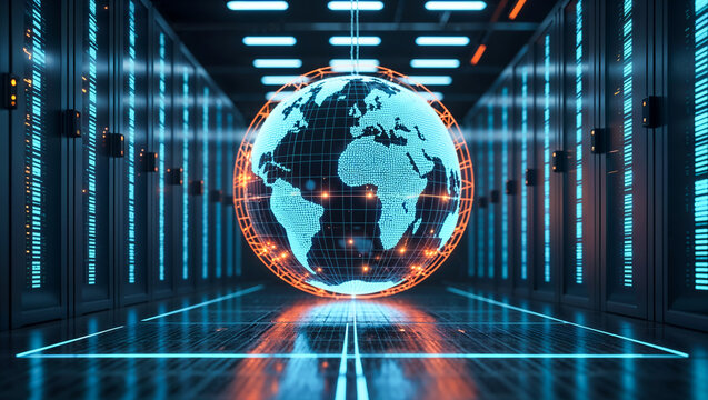 Futuristic dark server room aisle with towering reflecting cyan-blue and orange featuring holographic wireframe Earth encased in glowing mesh, symbolizing global data connectivity and digital network - Powered by Adobe