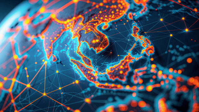Futuristic digital 3D map of Asia-Pacific in cyan wireframe with glowing orange data lines and nodes, highlighting fiber optic networks, cities, and high-speed global communication across the region. - Powered by Adobe