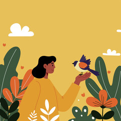 Woman Holding Bird in Hand Surrounded by Tropical Plants Illustration