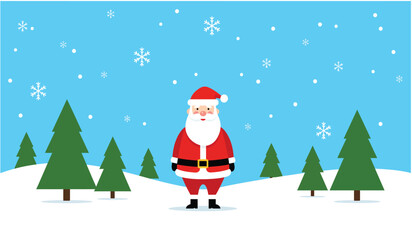 Merry santa claus standing in snowy winter forest with falling snowflakes and evergreen trees festive holiday greeting isolated on white background