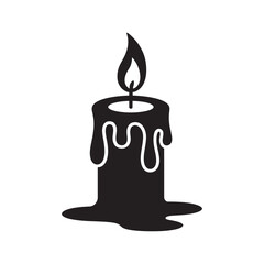 Simple black silhouette of a melting candle with a flickering flame and wax drips on a white background