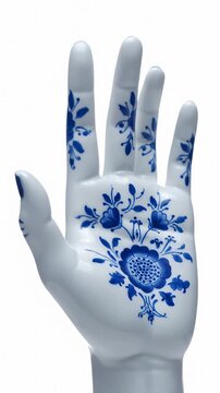 Ceramic Hand Statue Showing Blue Floral Design on White Background