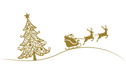 Whimsical hand-drawn christmas scene santa claus sleigh reindeer flying over snow with decorated festive tree for holiday celebrations isolated on white background