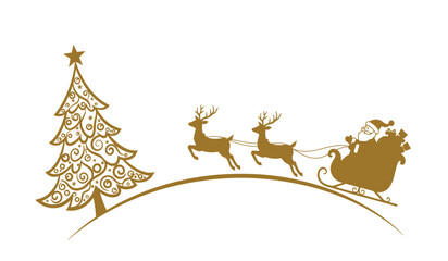 Whimsical golden christmas tree and santa claus sleigh ride with reindeer festive holiday scene isolated on white background
