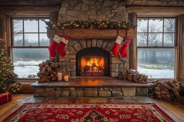 Stockings hanging on a fireplace.