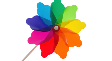 Vibrant rainbow pinwheel toy spinning in the wind outdoors on a sunny day