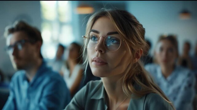 A young adult woman with glasses attentively looking ahead during a seminar or lecture