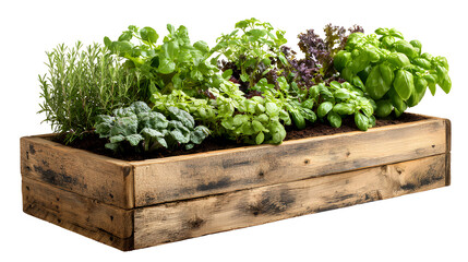 Wooden raised bed filled with various vegetables and herbs planter with isolated on a transparent background