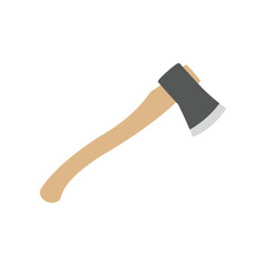 A simple flat design illustration of a classic wood chopping axe with a sharp metal blade and a light brown wooden handle isolated on a white background