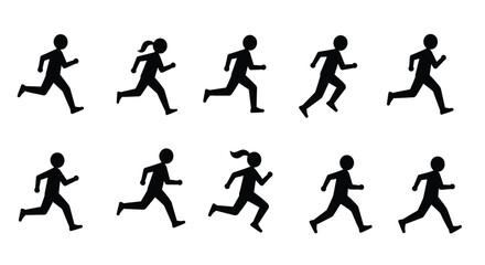 Simple black silhouettes of multiple people in various running poses