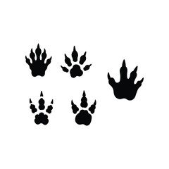 paw print, footprint, animal track, wildlife, nature, mammal, creature, design element, icon, symbol, silhouette, black and white, illustration, graphic, isolated, white background, set, collection, v