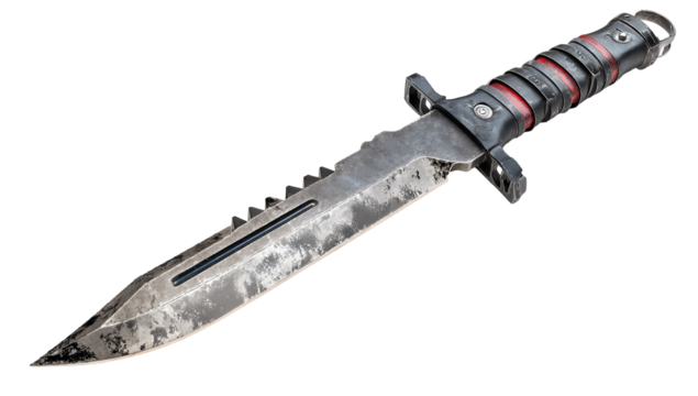 Dirty combat knife with serrated edge isolated on transparent background, closeup shot