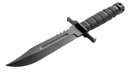 Black hunting knife isolated on transparent background, a sharp tool for outdoor activities