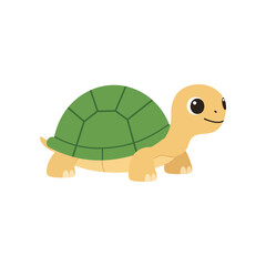 Adorable cartoon illustration of a friendly green shelled turtle with big eyes and a happy smile on a white background